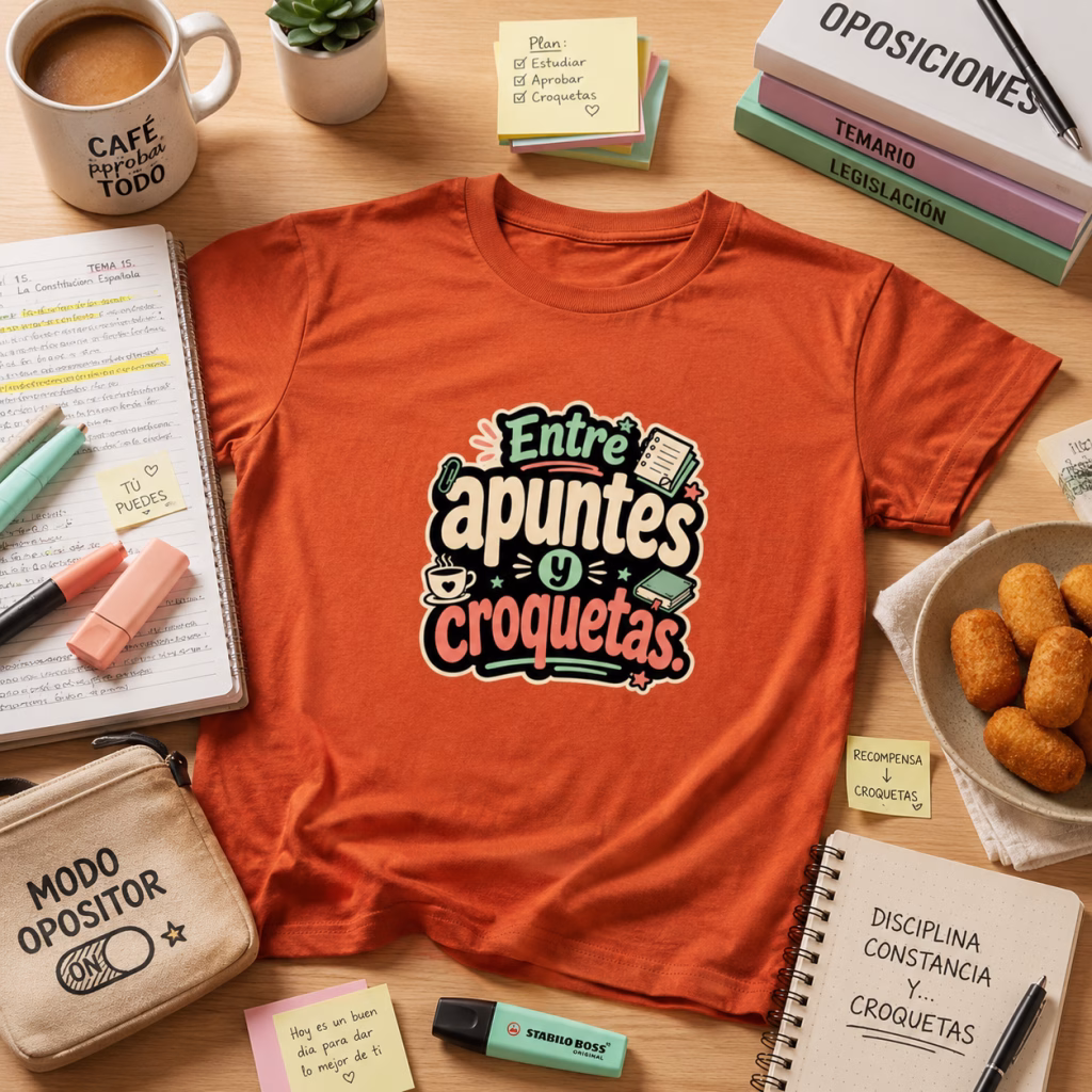 Camiseta “Entre apuntes y croquetas” — Regalo divertido para opositores y profes